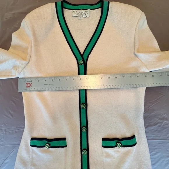 St John Vintage Cream/Navy/Green/Golf Button Sweater/Jacket Size 6/S MSRP $1295 - Picture 9 of 12